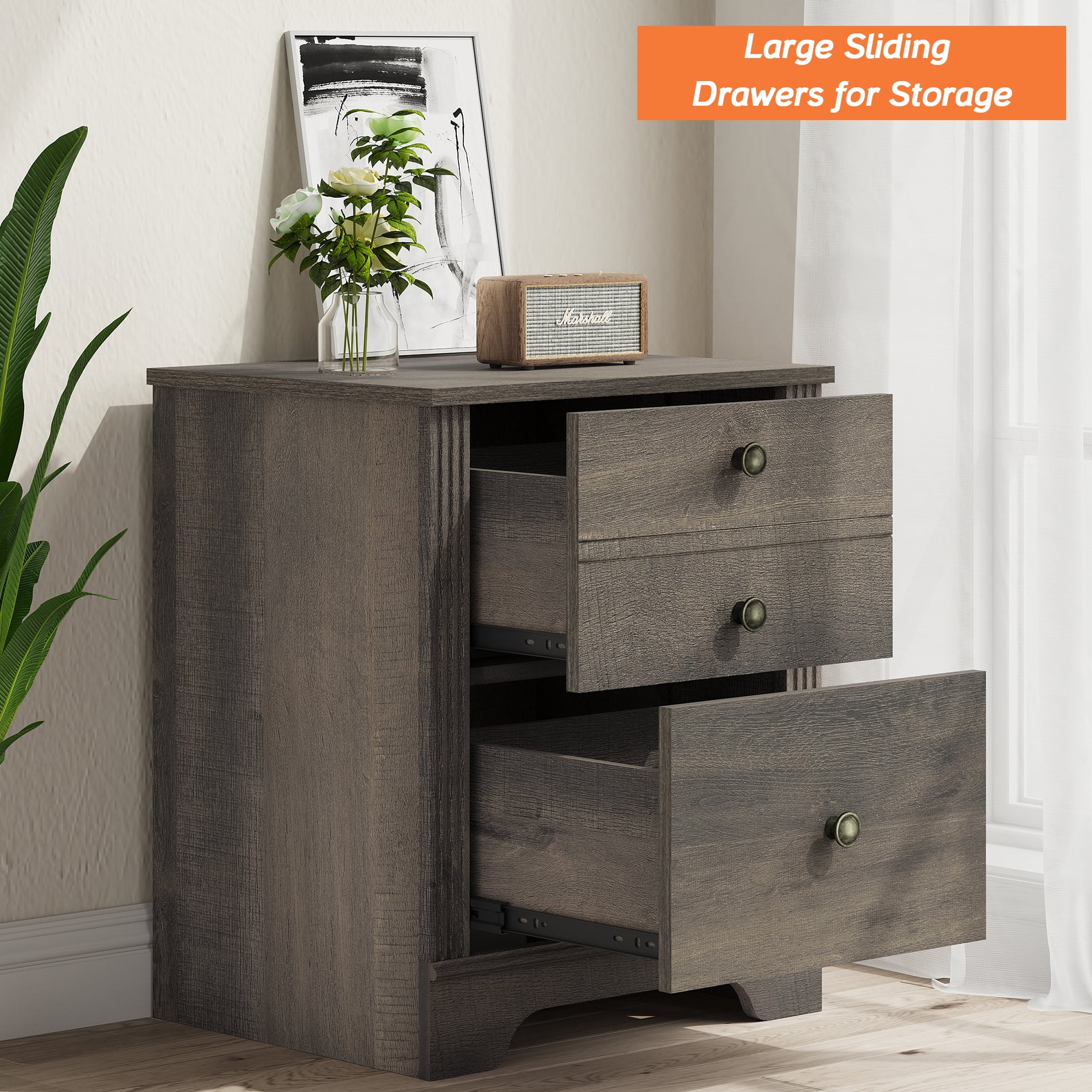 Nightstand with 2 Drawers, Grayish Brown Bedside Accent Table with Storage for Bedroom, Living Room, 15.5" W x 18.8" L x 23" H