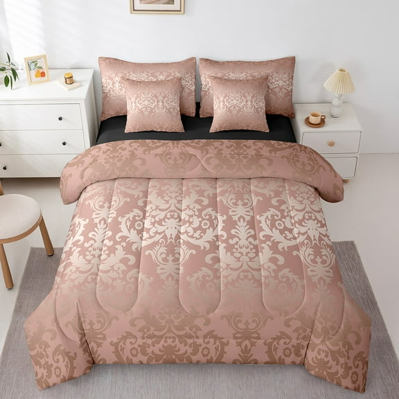 Adults Dusty Pink Damask Bed In A Bag 7 Piece Queen Antique Victorian Baroque Comforter Set With Sheets Gothic Vintage Floral Bedding Set Bohemian Exotic Reversible Black Bed Set
