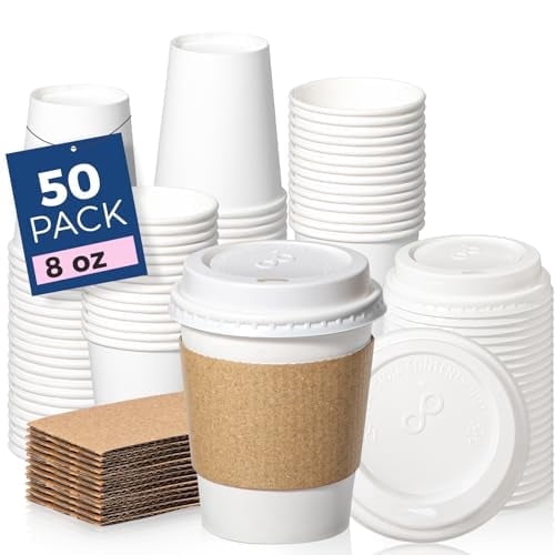 Fit Meal Prep 50 Pack 8 oz Disposable Coffee Cups with Lids, Sleeves, Leak-Proof To Go Coffee Cups with Lids, Durable Hot Paper Cups for Home, Office, Party, Business