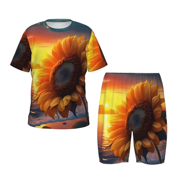 Fotbe Sunset Coast Sunflower Pijama Estampada de 2 Piezas para Niños – Ropa de Dormir de Manga Corta Cómoda para Niños y Niñas, Camiseta y Shorts de Algodón-Medium