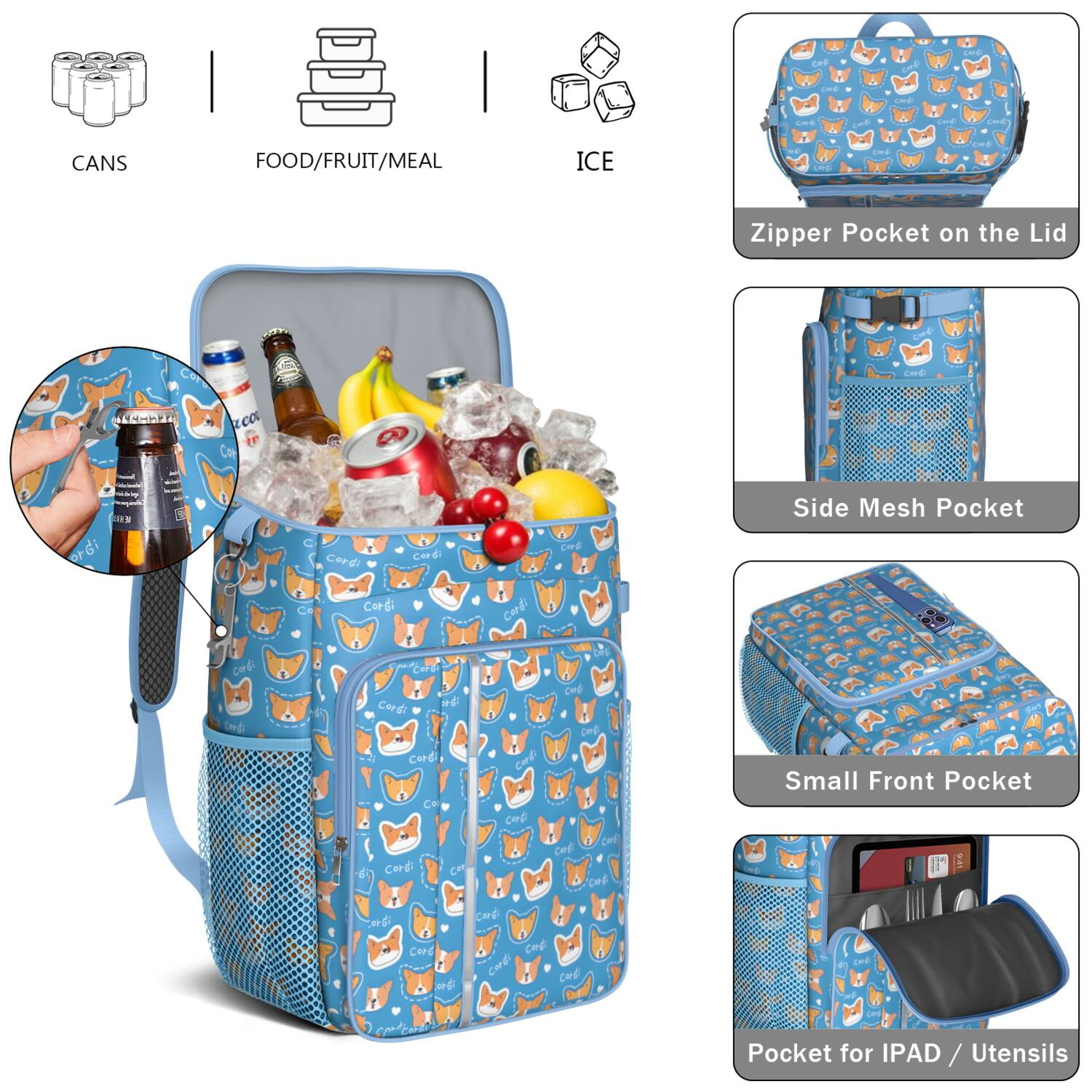 Travel Cooler Bag - Cartoon Corgi Camping Beer Cooler Backpack with Bottle Opener- Waterproof Insulated Picnic Backpacks - Cooler Bag for Beach