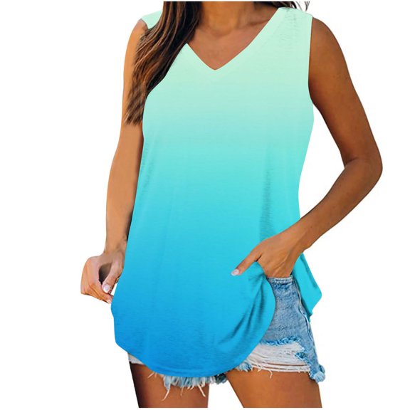 QSAWXQZ Women's Sleeveless V Neck Tank Top Gradient Color Casual Loose Summer Cami Oversized Flowy Tunic Top M