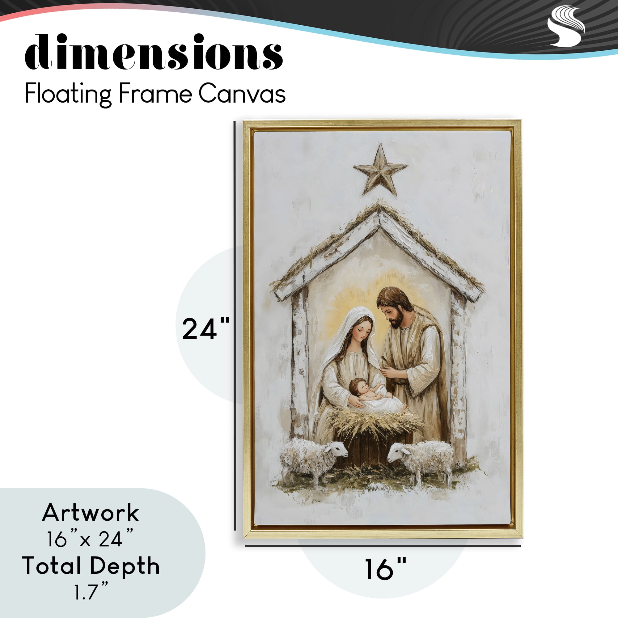Little Lambs & Nativity Gold Framed Floater Canvas Wall Art, design by Petal Prints Design