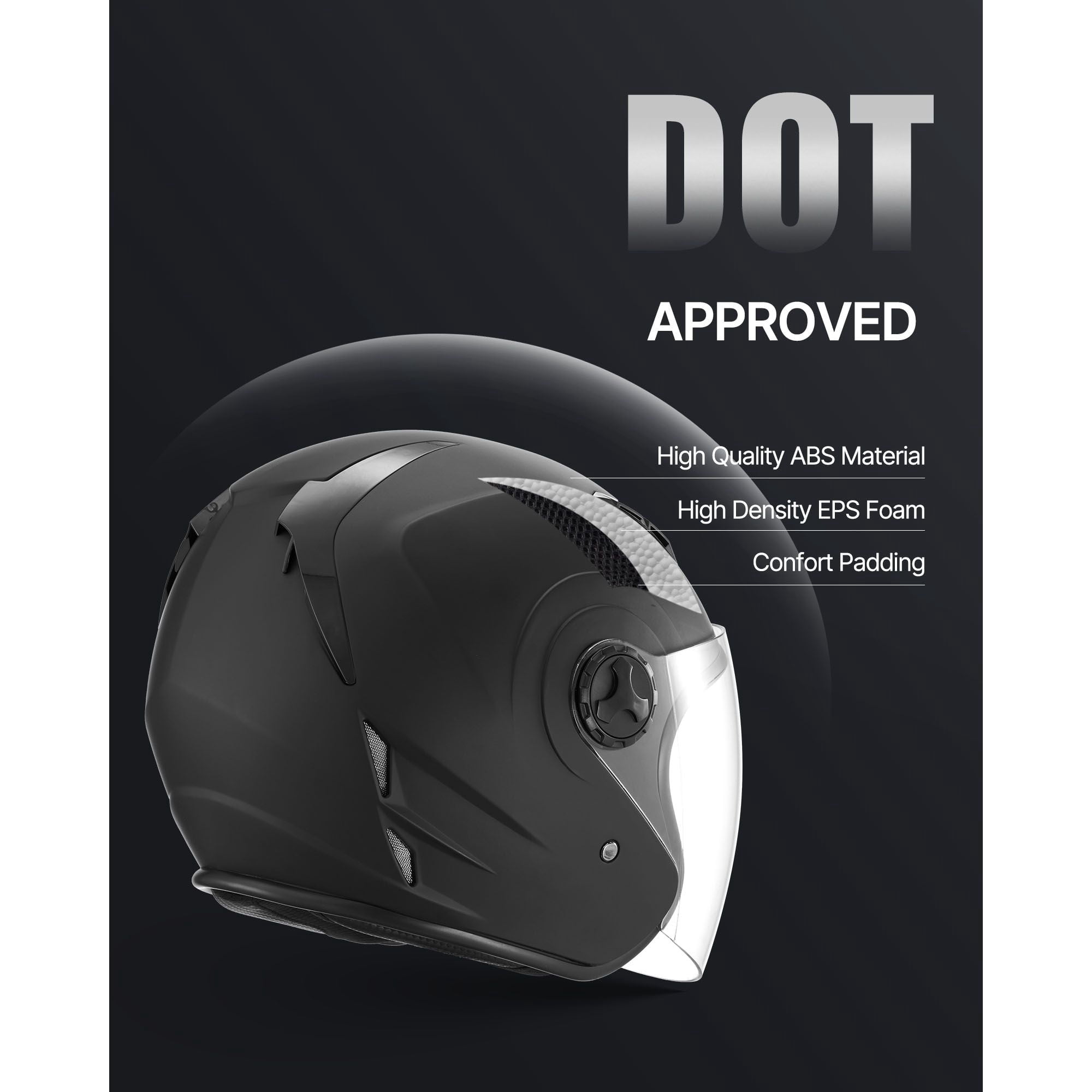 Open Face Motorcycle Helmet for Adults, DOT Certified Motocross&Street Bike Helmet with Clear Visor, Removable Liner for Men and Women, Matte Black Size M
