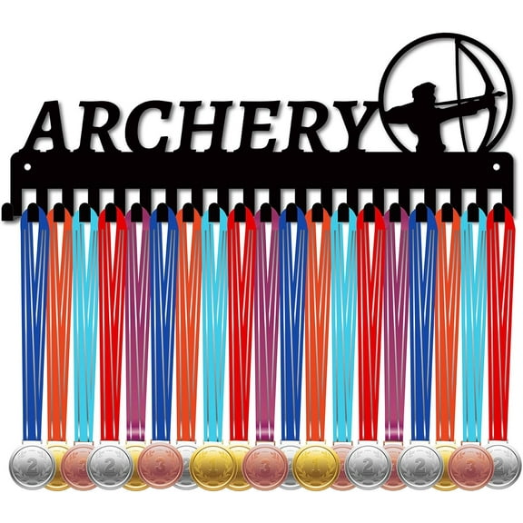 Archery Medal Hanger Display Medal Holder Rack Sports Metal Hanging Athlete Awards Iron Wall Mount Decor with 20 Hooks for Badge Athlete Soccer Football Marathon Black 15.7 x 5.7 Inch Black