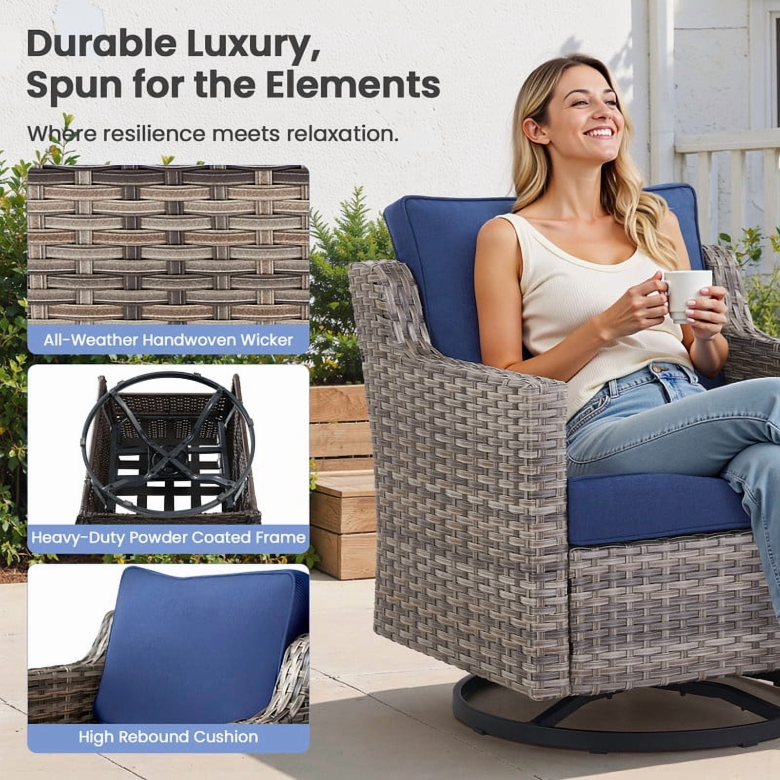 PARKWELL 6 Piece Outdoor Patio Swivel Glider Chair Set,All-Weather Rattan Conversation Set with Swivel Rocking Chair and Side Table,4-Seat Furniture Sets for Deck, Backyard,Gray/Navy