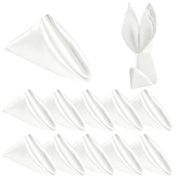 10 Pack White Satin Dinner Napkins 17x17 Inches, Scalloped Square Silky Elegant Wedding Decor, Smooth Table Cloth for Restaurant Banquet Graduation Party