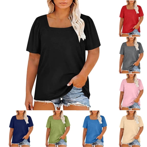 Womens Plus Size Tops Short Sleeve Square Neck Loose Fit Tee Shirts 1X-5X Plain Tshirts Summer Clothing (3XL, Black)