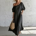 thumbnail image 6 of Karymi One Shoulder Maxi Dress, Casual Off Shoulder Puff Sleeve Solid Flowy Dress with Pockets, Summer Loose Beach Cover-Up Dress Dresses for Women, 6 of 8