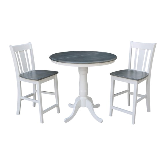 36" Round Solid Wood Extension Dining Table With 2 San Remo Counter Height Stools in White/Heather Gray by International Concepts