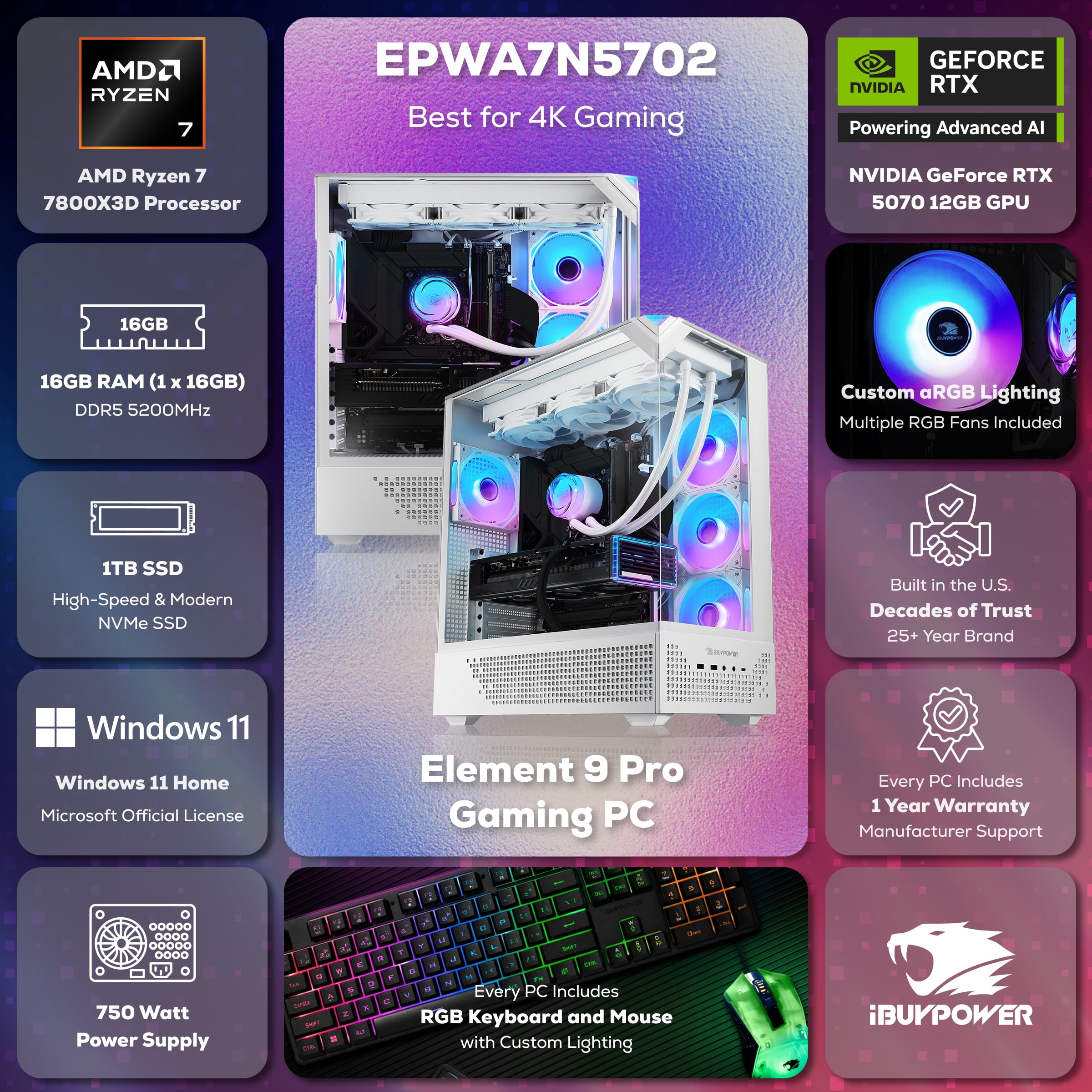 iBUYPOWER Element Pro Gaming Desktop PC - AMD Ryzen 7 7800X3D, RTX 5070, 16GB DDR5, 1TB NVMe
