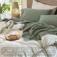 thumbnail image 5 of MooMee 100% Washed Cotton Sheet Set King Linen Like Textured Breathable Durable Soft Comfy 4pcs (Heathered Green), 5 of 6