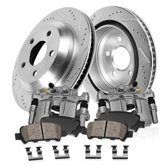 Callahan BRAKE PARTS Rear Calipers and Drilled Slotted Brake Disc Rotors and Ceramic Brake Pads + Hardware Brake Kit For 2002 - 2006 Altima | 2004 - 2006 Maxima