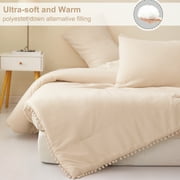 Exclusivo Mezcla Boho Pom Pom Ball Fringe King Size Comforter Set, 3 Pieces Beige Lightweight Down Alternative Bedding Comforter Sets for All Seasons (1 Comforter and 2 Pillowcases)