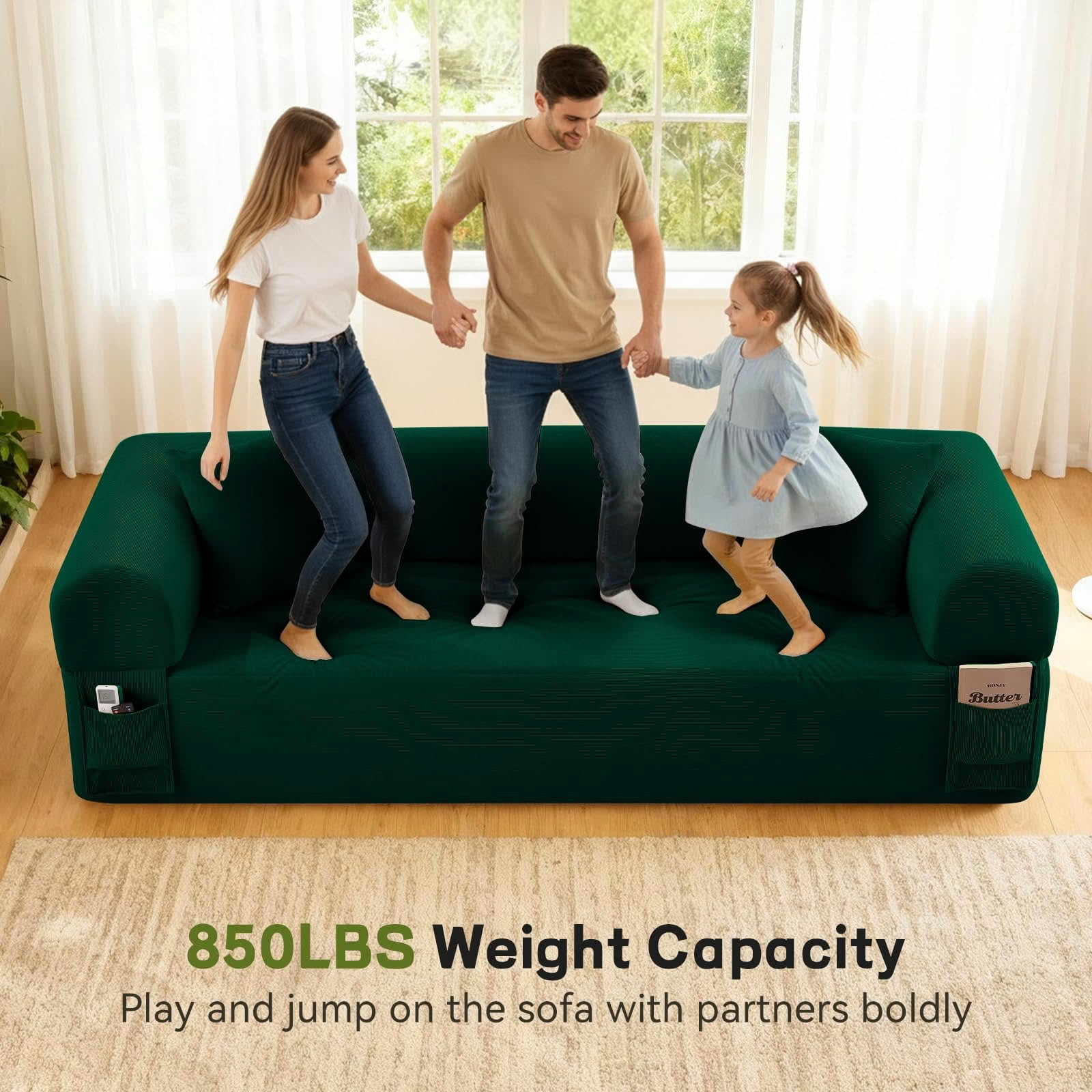 MAYEERTY 83" Green Corduroy 3-Seater Sofa, 600lbs Pocket Spring No Assembly Couch for Living Room