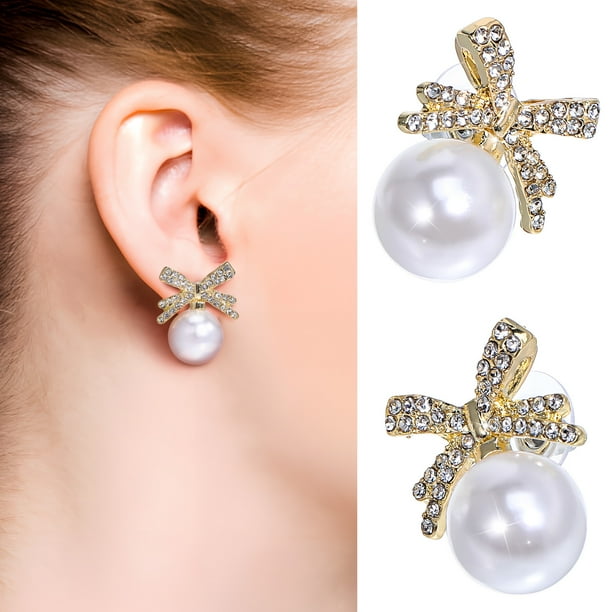 GOOHOCHY 1 par de pendientes de lazo de perlas, pendientes de perlas, pendientes colgantes de perlas, pendientes de tuerca para mujer