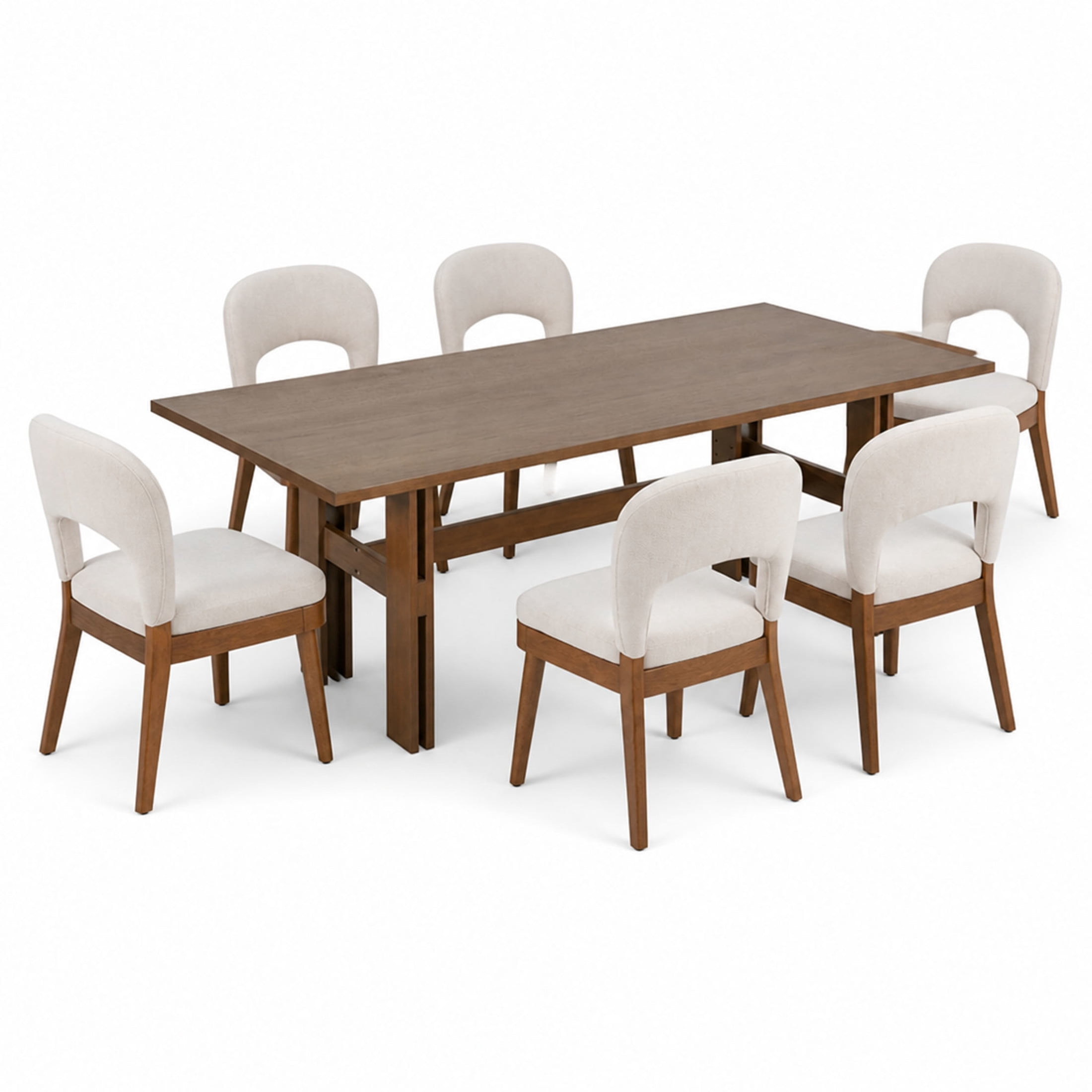 Christopher Knight Home 7-Piece Mid-Century Dining Set, 71" Table with Hollow Back Chairs, Walnut+Beige