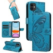 Dteck Pattern Case for iPhone 11,Magnetic Leather Butterfly Floral Embossed Flip Case Card Slots Wallet Stand Cover with Wrist Strap for iPhone 11,Blue