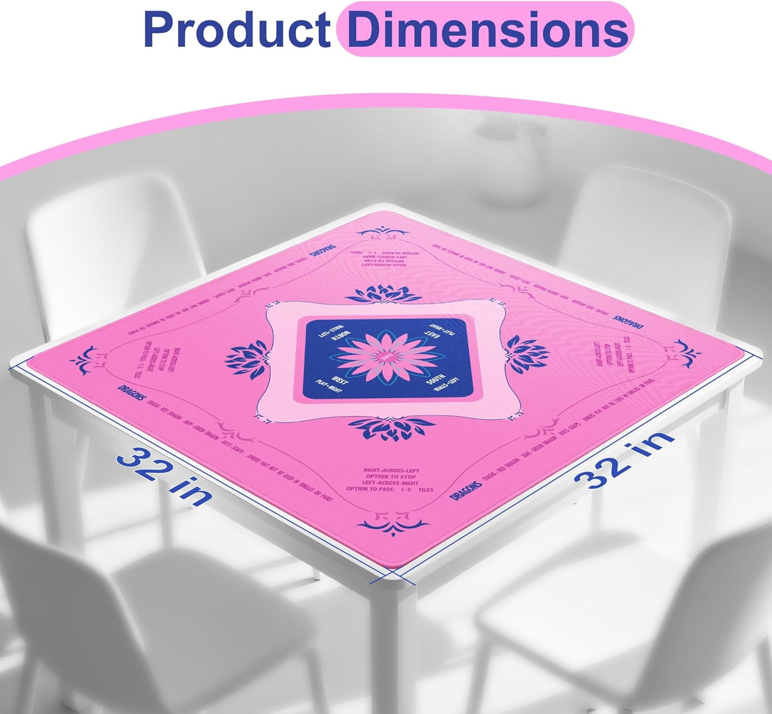 Mahjong Mat for Table, American Mahjong Mat with Printed Rules, 32x32 Inch Non-Slip, Quiet and Foldable Game Mat, Includes Portable Tote Bag (Pink)