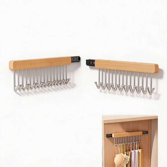 Sliding Wardrobe Hanger Rail with 8 Hooks, No Drill Retractable Closet Organizer for Tank Tops, Wall Mounted Pull Out Hanging Rack, Wood 2 Pack