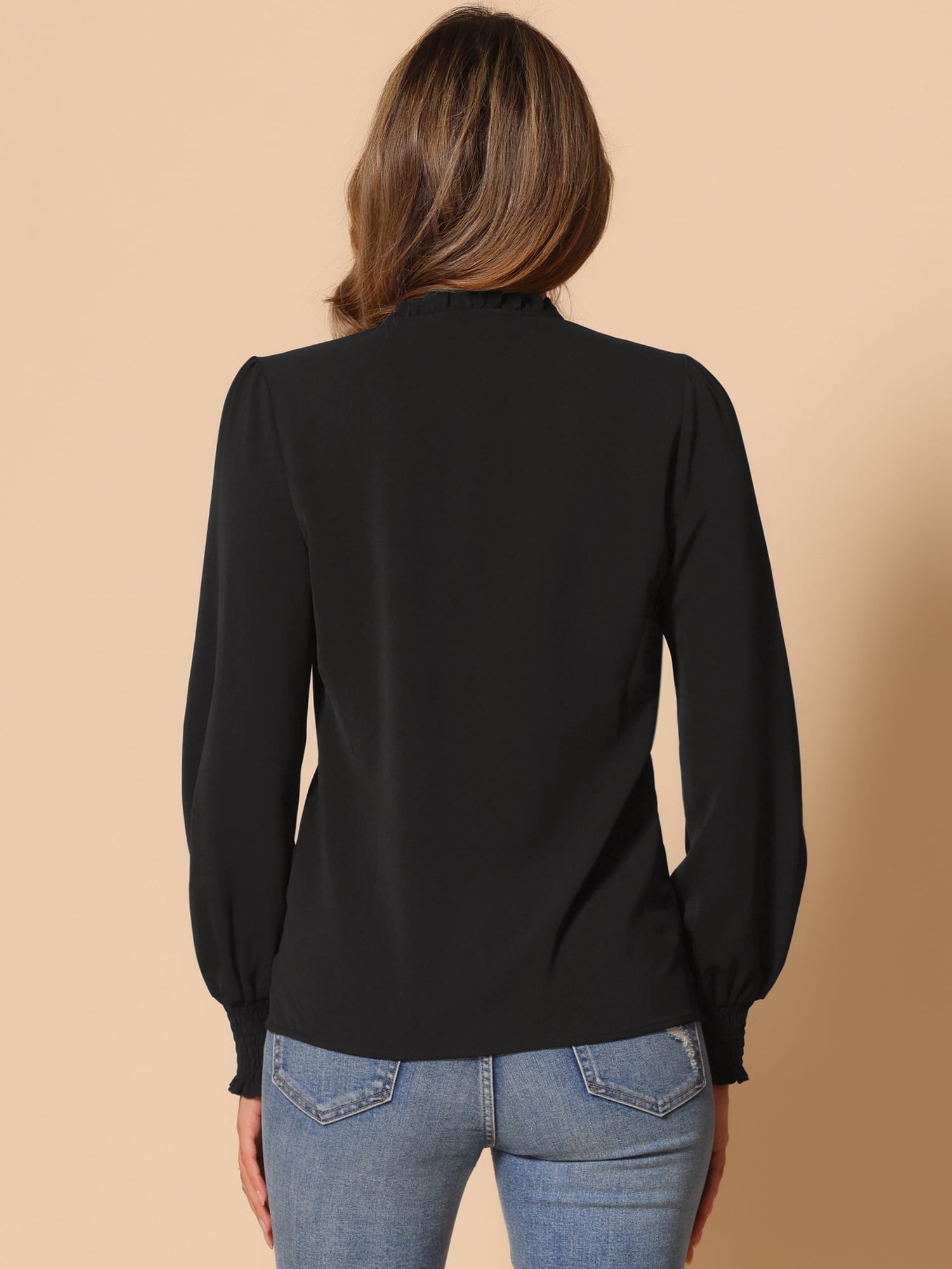 DARING DIVA Women's Vintage Ruffle V Neck Puff Long Sleeve Shirts XL Black
