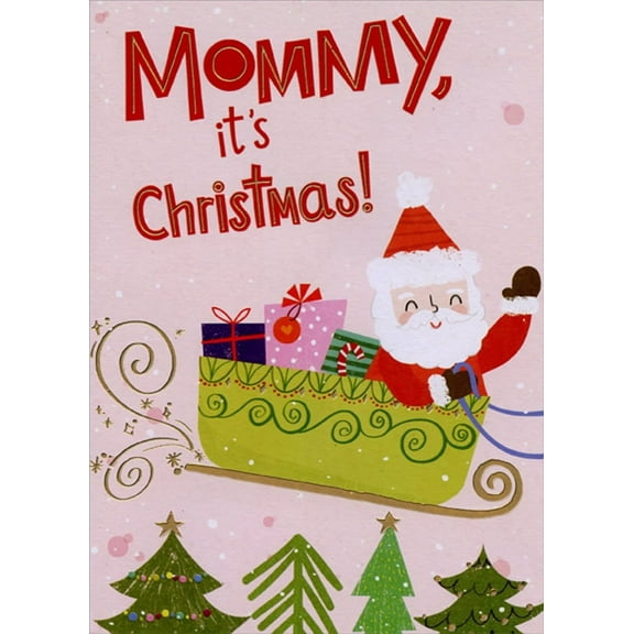 Designer Greetings Cute Santa Flying in Green and Gold Sleigh Juvenile Mommy Christmas Card from Child : Kid