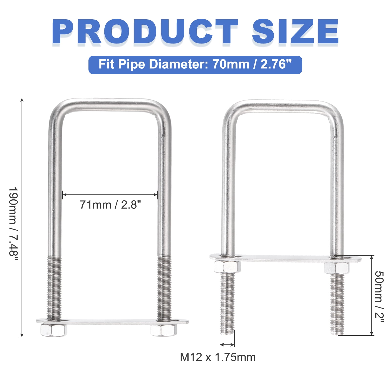 Uxcell 2 Sets M12 Square U-Bolts, 2.8" Inner Width 7.48" Length 304 Stainless Steel U Clamp Bolts with Nuts, Plates and Wrench