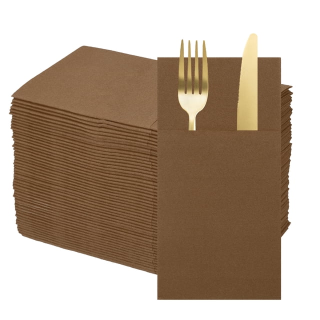 100 Pcs Disposable Linen Feel Napkins with Built-in Flatware Pockets, Paper Dinner Napkins for Knife and Forks Brown