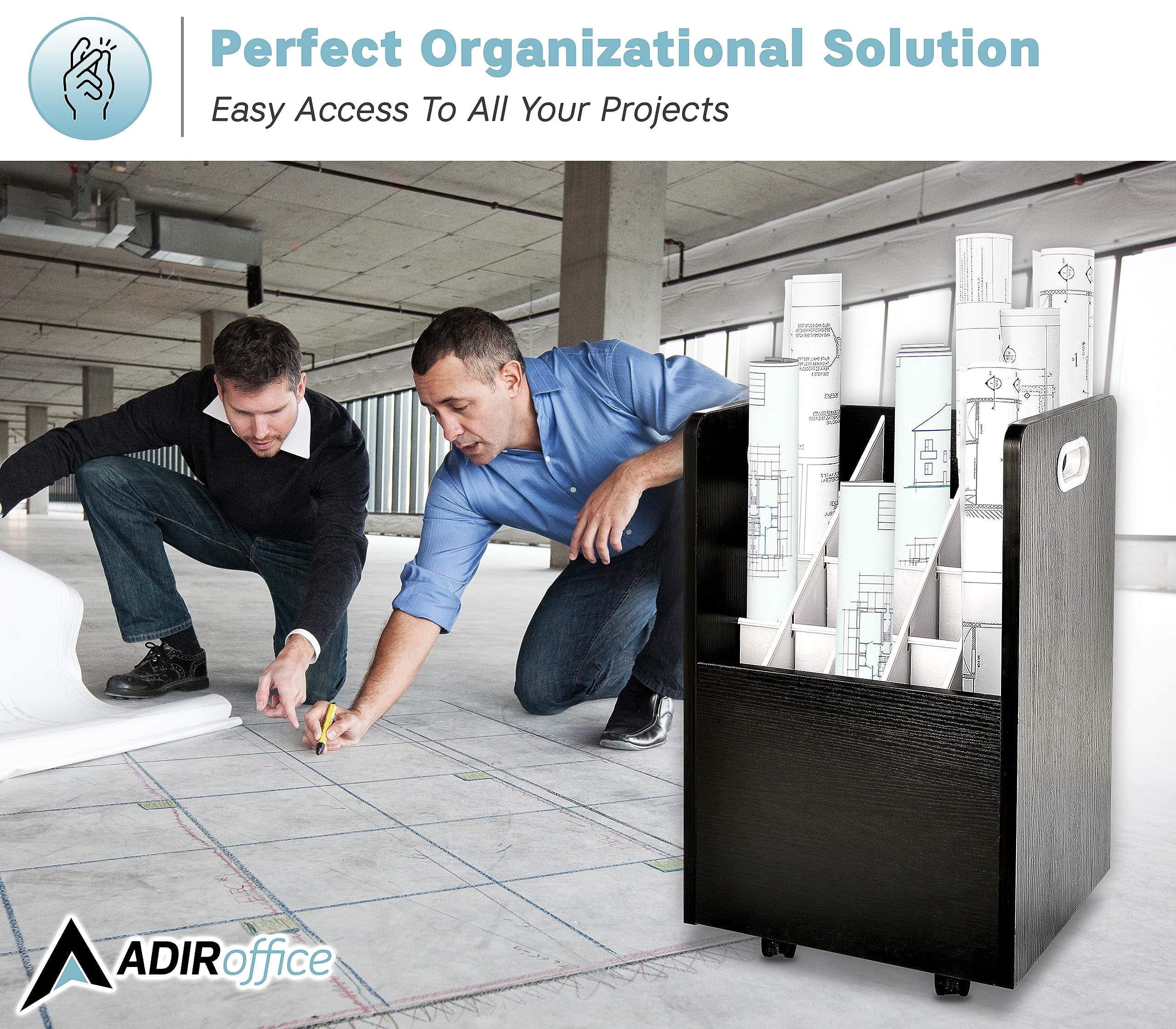 Adir Blue Print Storage Organizer- Mobile Roll File Cart, Construction Plan Holders, Blueprint Cabinet with Wheels (20 Slots, Black)