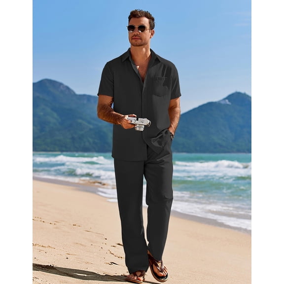 COOFANDY Mens Linen Suits 2 Piece Set Casual Loose Pants Vacation Beach Outfits Short Sleeve Island Shirt Resort