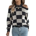 thumbnail image 2 of Women'S Color Block Checkered Off-Shoulder Long Sleeve Y2K Plaid Knitted Pullover Sweater Tops Vintage Sweater Black M, 2 of 9