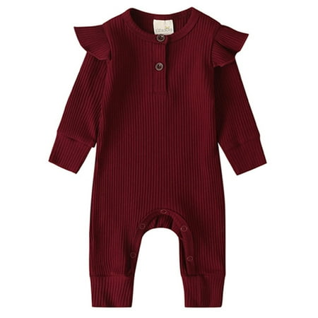 

Sunisery Infant Kids Baby Girl Boy Solid Color Long Ruffle Sleeve O-Neck Ribbed Jumpsuit Wine Red 0-3 Months