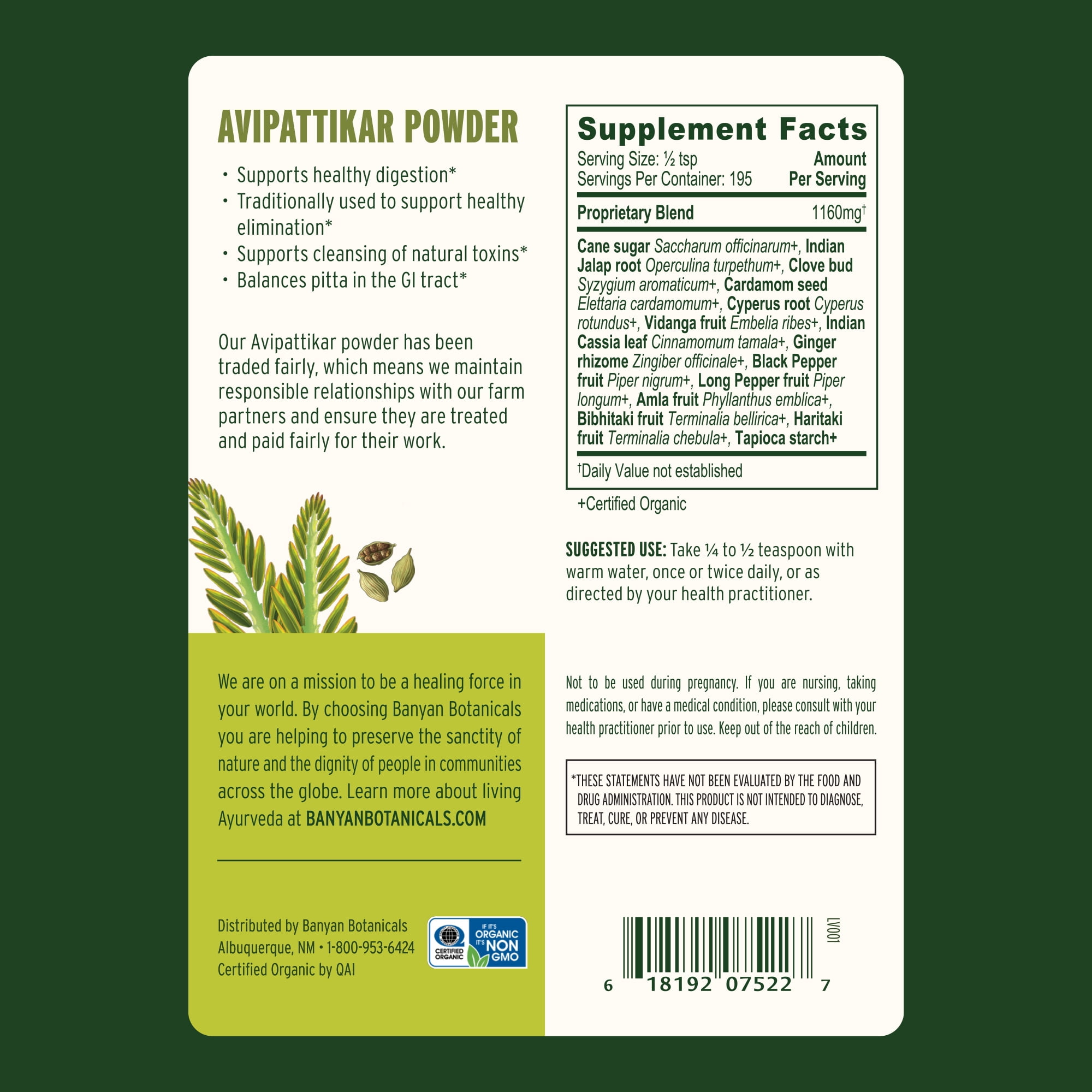 Banyan Botanicals Avipattikar Powder – Organic Digestion Supplement with Ginger, Cardamom & Vidanga ­­– Supports Healthy Stomach Acid Balance* – ½ lb. – Non-GMO Sustainably Sourced Vegan