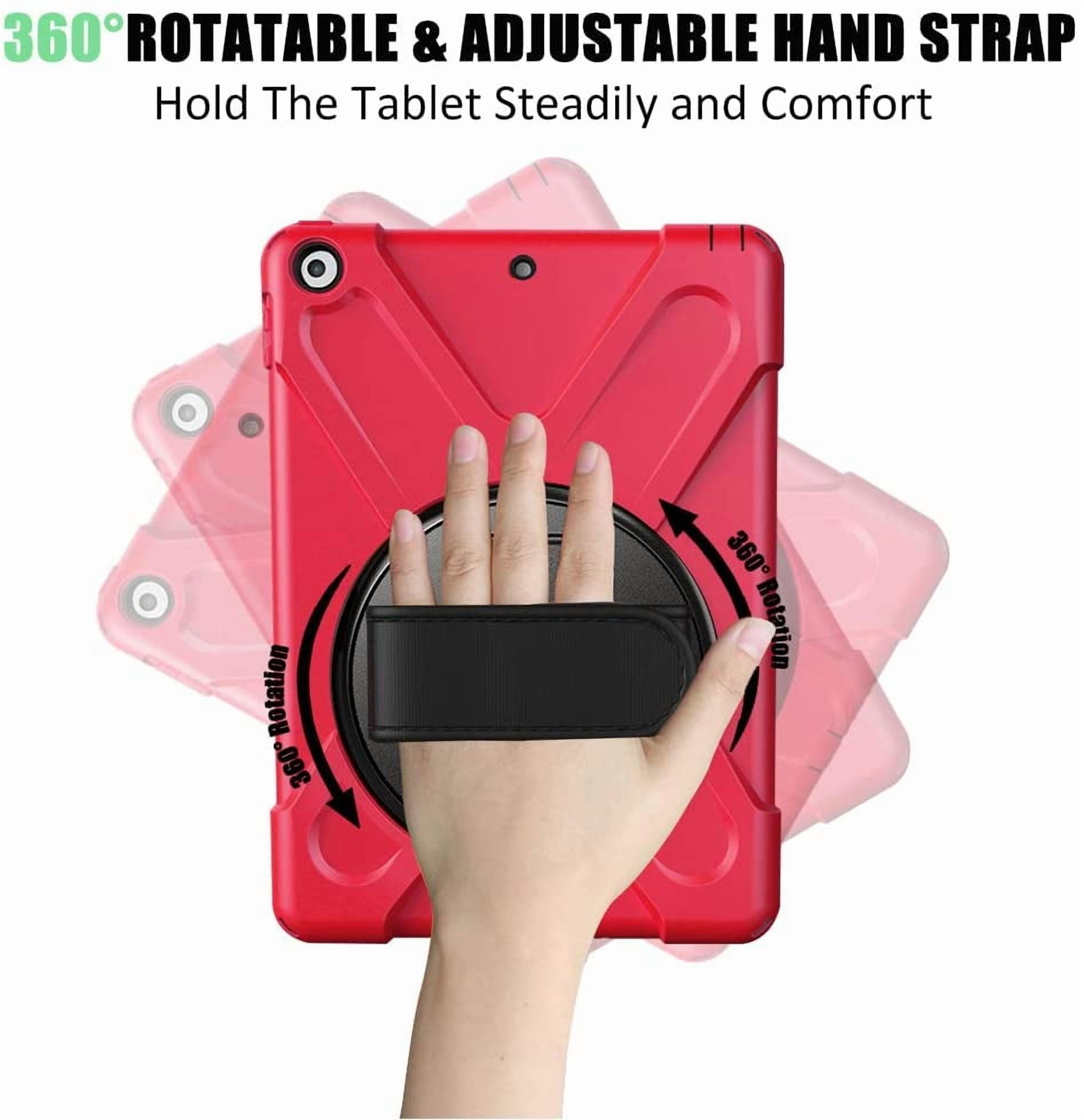 ZenRich Shockproof Case for iPad 9th/8th/7th Generation 10.2 inch 2021/2020/2019, Heavy Duty Rugged Case with Pencil Holder/360° Rotating Kickstand/Handle/Carrying Strap, Red