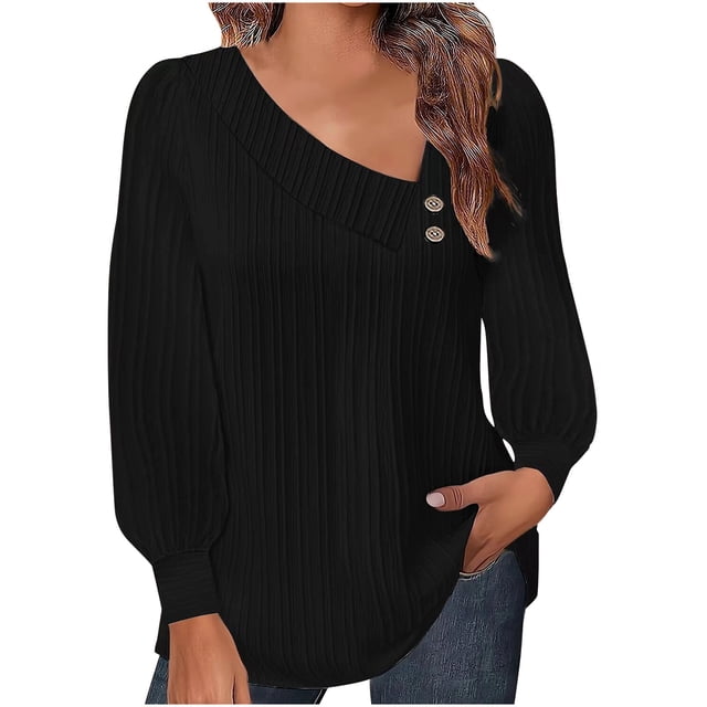 Yuyuzo Womens Puff Long Sleeve Shirts Collared Button V Neck Tunic Tops Textured Loose Fall Blouses