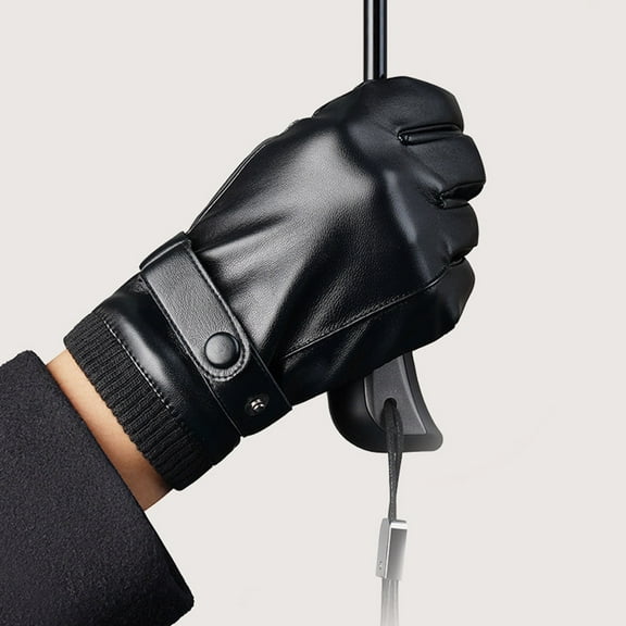 Naierhg 1 Pair Fleece Lining Ribbed Cuffs Adjustable Buttons Full Finger Men Gloves Winter Windproof Faux Leather Cycling Gloves Brown