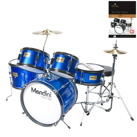 Mendini by Cecilio 16" 5-Piece Complete Kids / Junior Drum Set with Adjustable Throne, Cymbal, Pedal, Drumsticks & Lesson Book, Metallic Blue, MJDS-5-BL