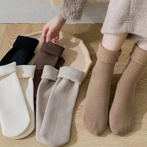 Cyglowse Winter Women Velvet Slim Thermal Socks Ribbed Soft Fleece Lined Crew Socks for Cold Weather Boots Sneakers Beige One Size