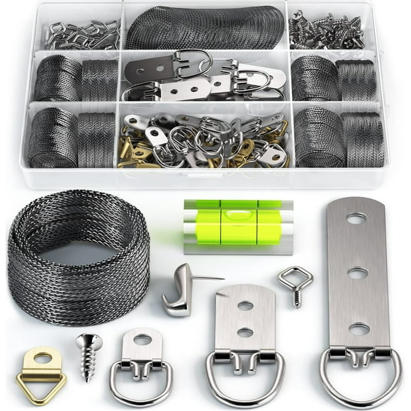 Picture Wire Hanging Kit 100+ Pieces - D-Ring Screws Hanging Hooks Level. Supports Up To 50 Lbs 120+ Feet(38 M) Stainless Steel Wire Hanger | Comes With Solid Box