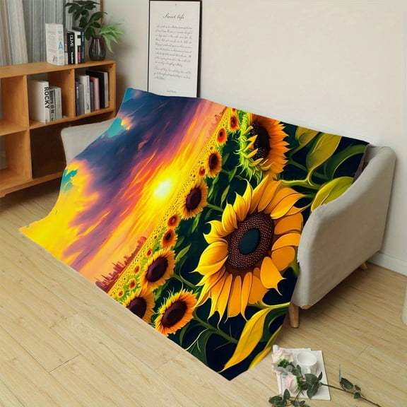 1pc Sunflower Fleece Blanket for Women - Vibrant Sunset Design, Lightweight Plush Flannel Throw with City Skyline & Clouds Background, Perfect for Bedroom, Living Room, or Camping