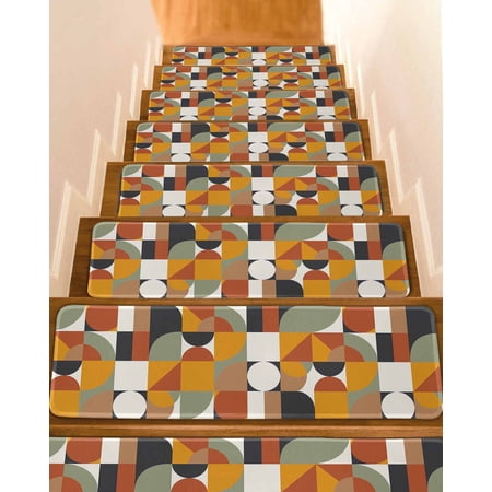 Luxurious Stair Treads for Wooden Steps Indoor Runner Rug Carpet Abstract Middle Century European American Colors 10 Pieces Peel and Stick Staircase Step Treads Covers Washable Throw Door Mats 30 x8