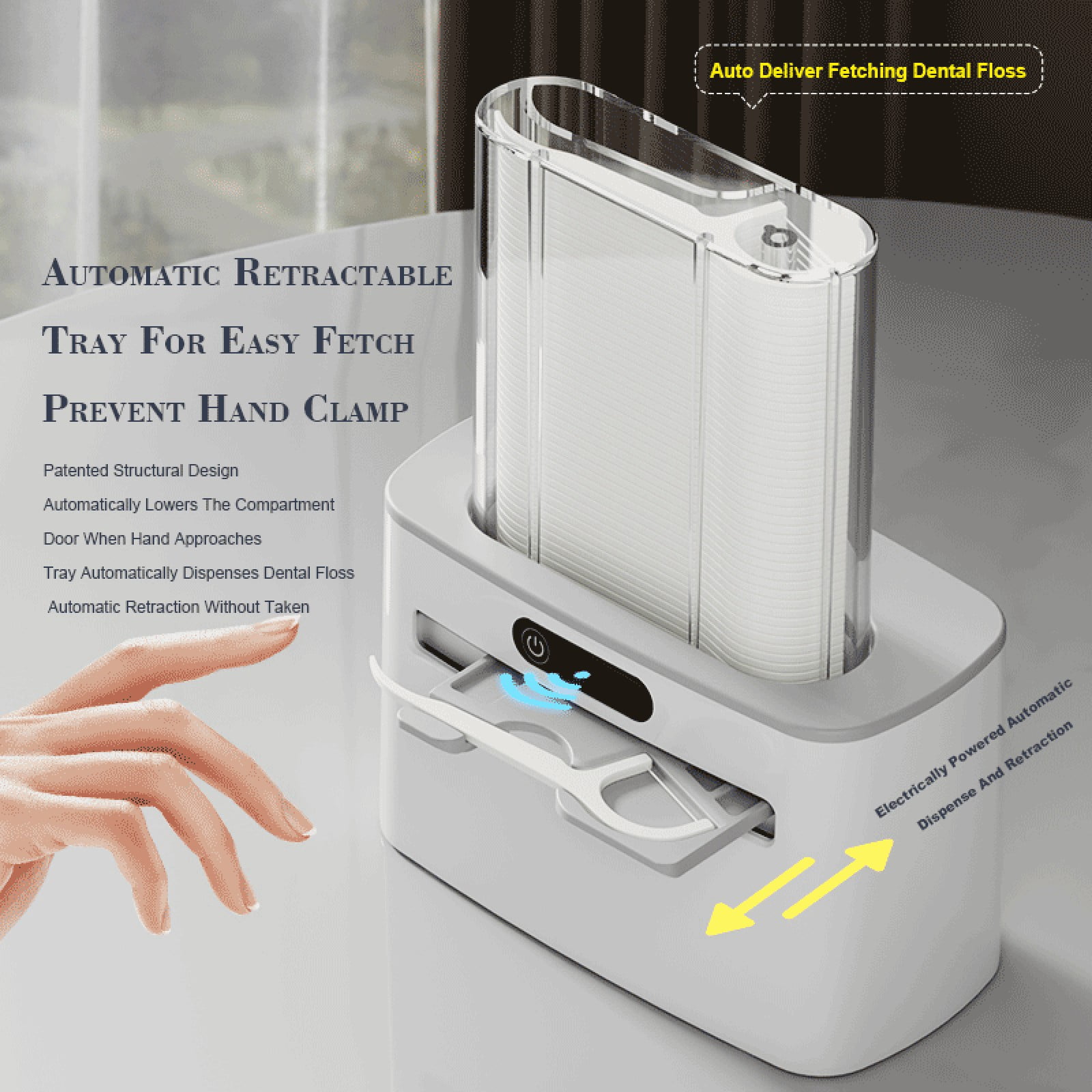 Automatic Floss Dispenser Box | Intelligent Sensor Floss Stick Storage | Rechargeable & Battery-Powered | ABS Plastic, 100 Floss Refill, Dark Blue/Light Gray/Gold | Home, Restaurant, Hotel Hygiene