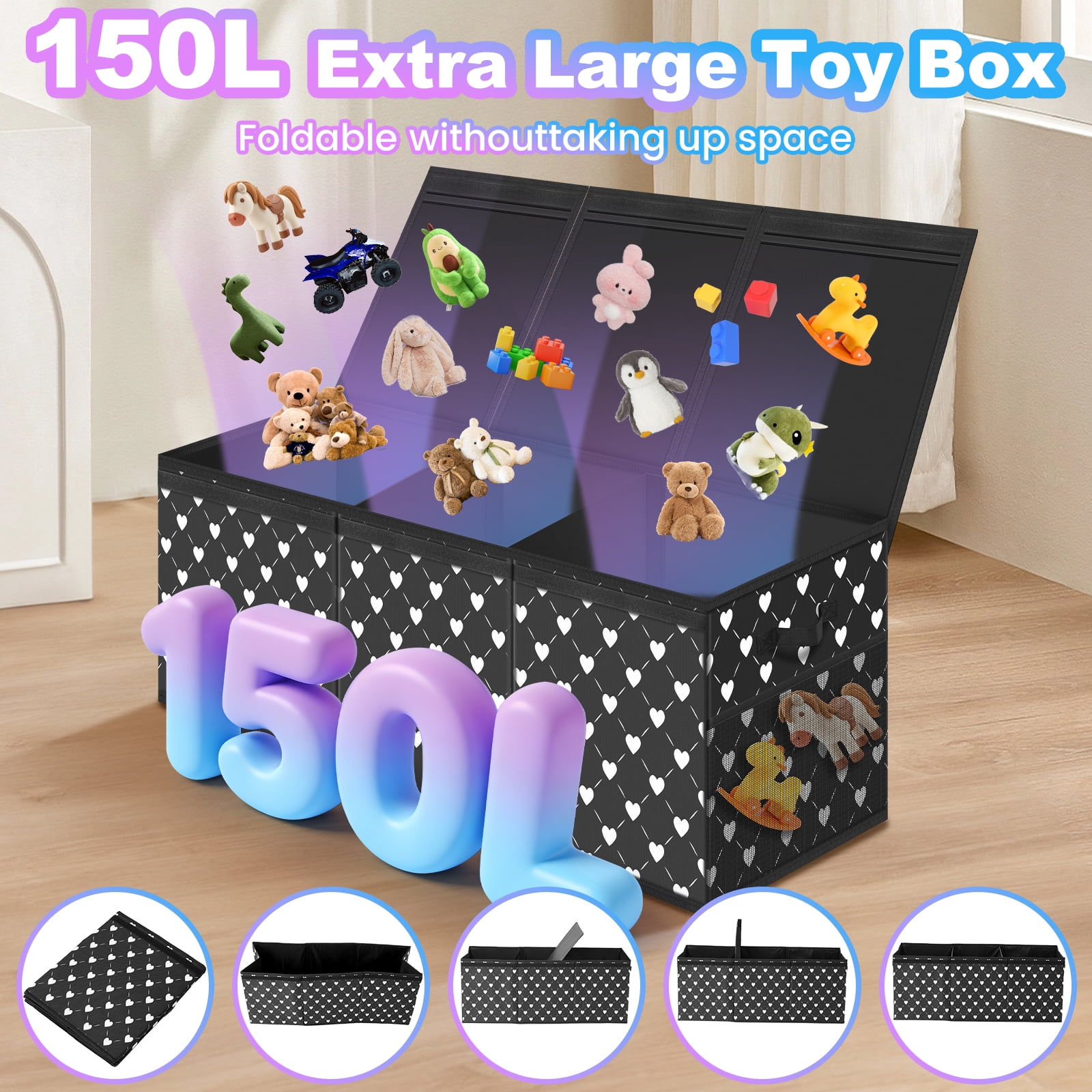 Extra Large Toy Box, Collapsible Sturdy Kids Toy Chest Storage Box with 3 Side bags and Removable Lids, 41"X14"X16"，large toy box for Nursery Room, Playroom,Closet,,School,Black White