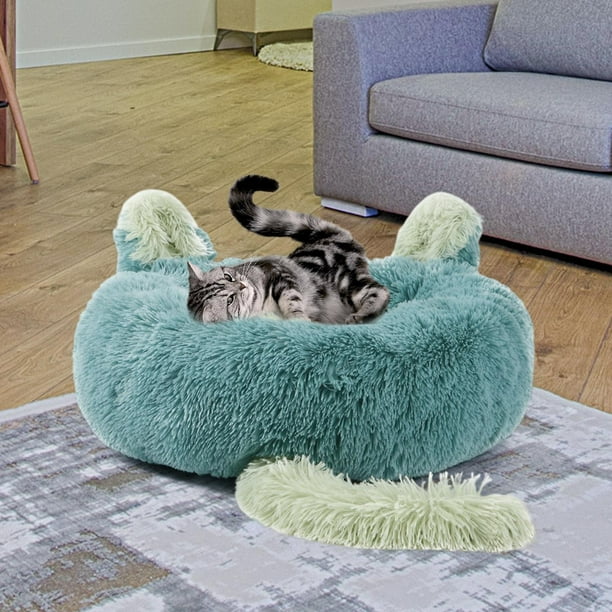 Gatos redondos Casa cálida Antideslizante Parte inferior Orejas Cola Cojín decorativo Suave autocalentamiento Manta para mascotas Cama para cachorro, Verde 70cm