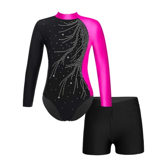 YIZYIF Girls Long Sleeve Dance Leotard with Booty Shorts Outfit Shiny Faux Diamonds Bodysuit with Shorts Dance Set