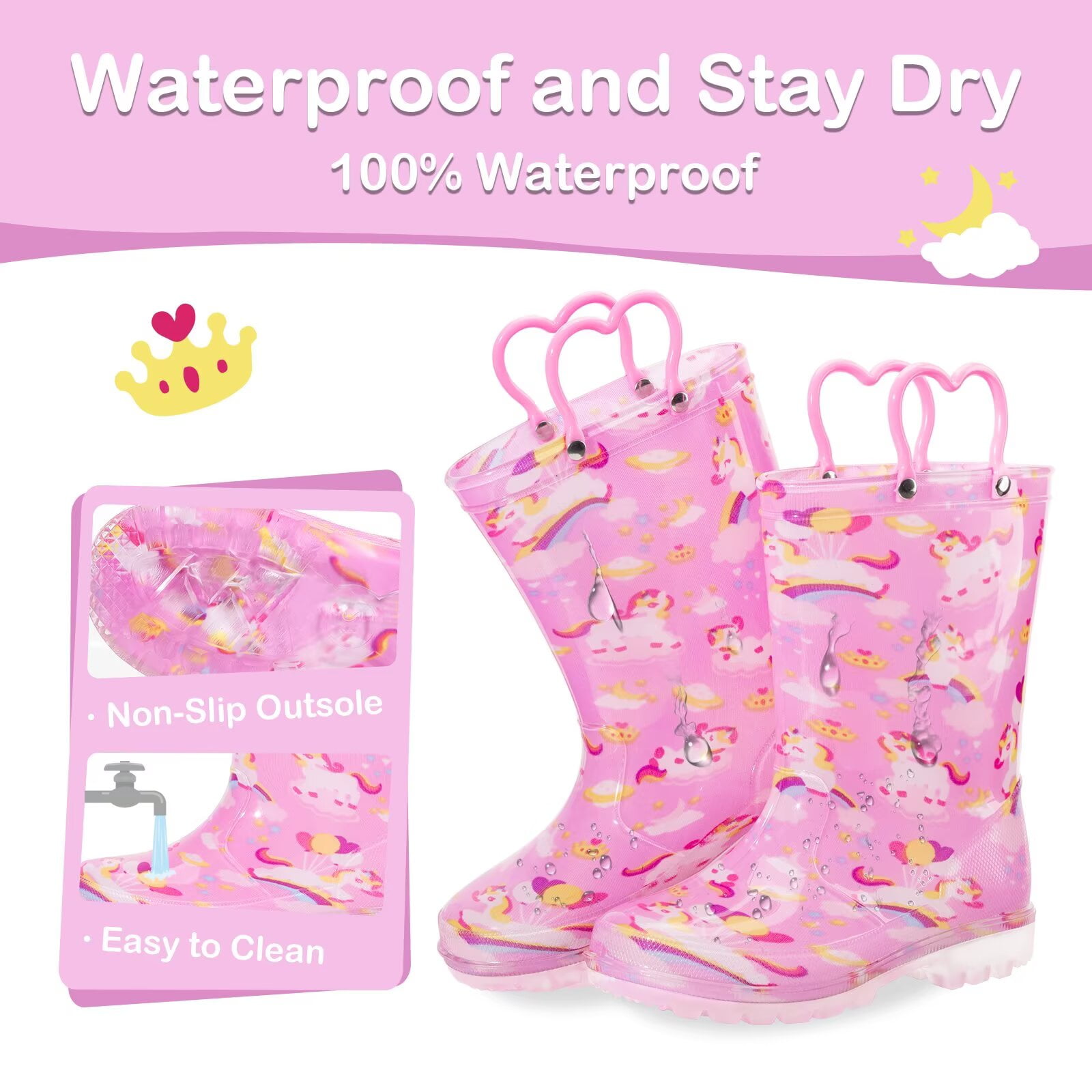 FUNCOO PLUS Toddler Kids Rain Boots Girls Light Up Waterproof Boots with Handles, Pink, Big Kid Size 1