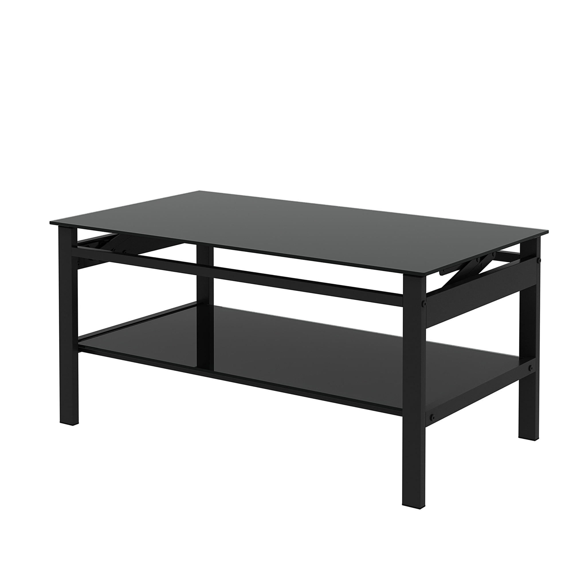 MAYEERTY Modern Black Lift-Top Glass Coffee Table – 2-Layer Tempered Glass Table for Living Room