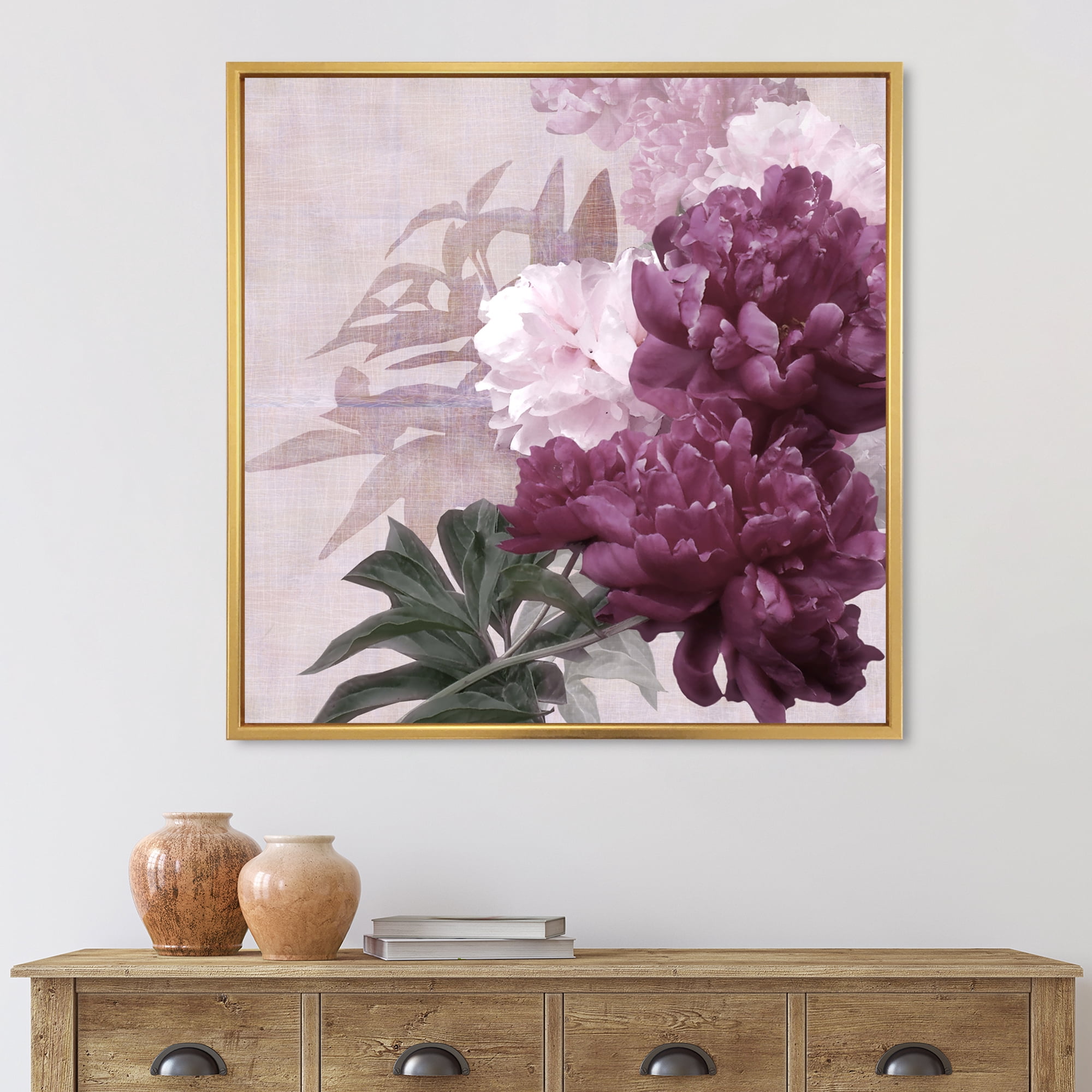 Designart 'Ancient Pink and Purple Flowers I' Traditional Framed Canvas Wall Art Print