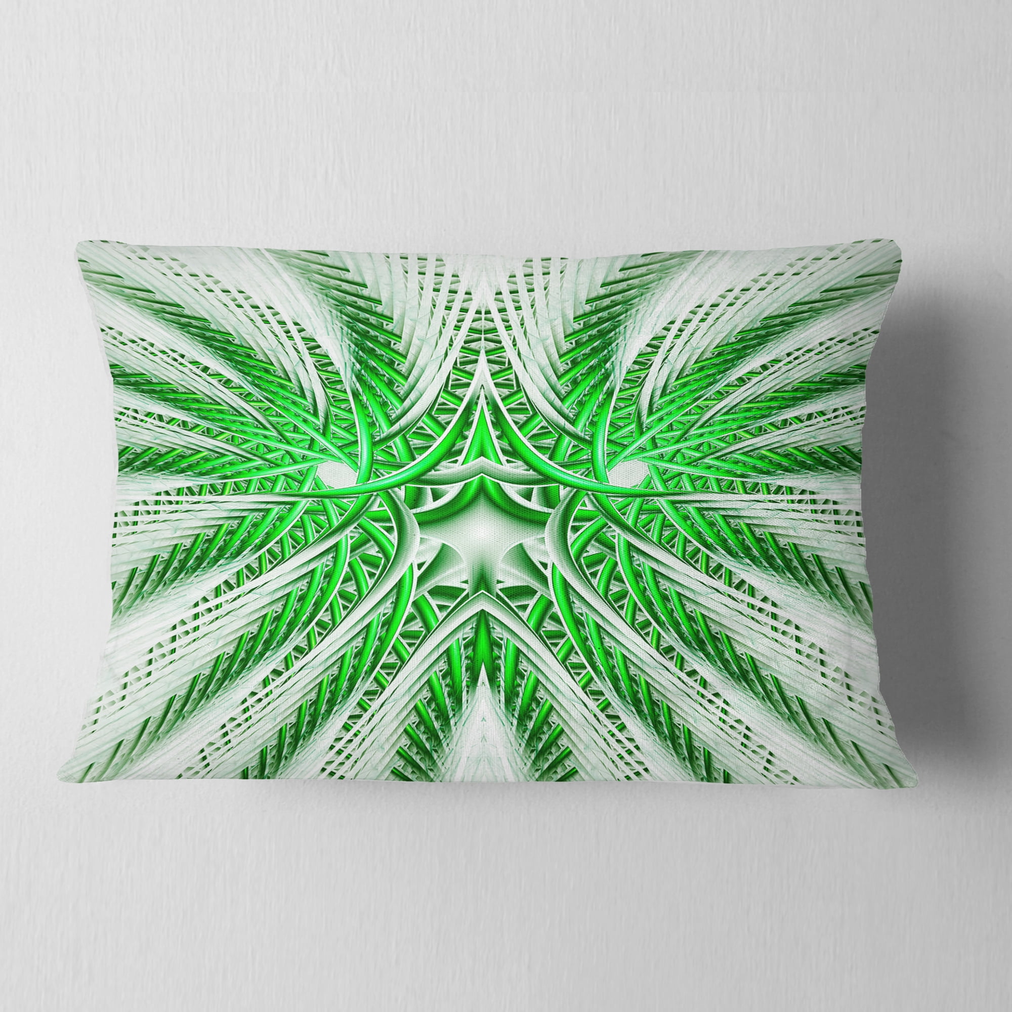 Designart Glowing Green Fractal Flower in White - Abstract Throw Pillow - 12x20