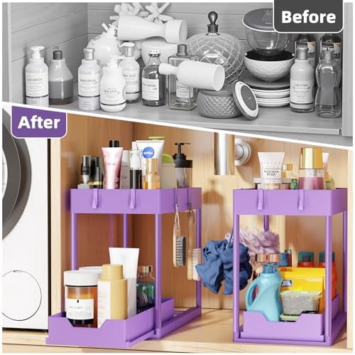 Under Sink Organizer 2 Pack, Sink Pull-Out Sliding Storage Cabinet, 2-Tier Under Shelf Organizer for Kitchen Bathroom, Purple